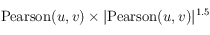 \textrm{Pearson}(u,v) \times \vert \textrm{Pearson}(u,v) \vert ^{1.5}