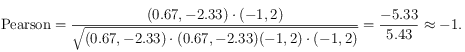 \textrm{Pearson}=\frac{(0.67,-2.33)\cdot (-1,2) }{\sqrt{(0.67,-2.33)\cdot(0.67,-2.33)  (-1,2) \cdot (-1,2)}}=\frac{-5.33}{5.43}\approx -1.